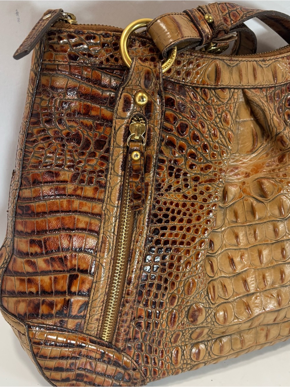 Brahmin Tan Belinda Croc Leather Embossed Hobo Bag Purse Designer Dual Pockets - Picture 2 of 12